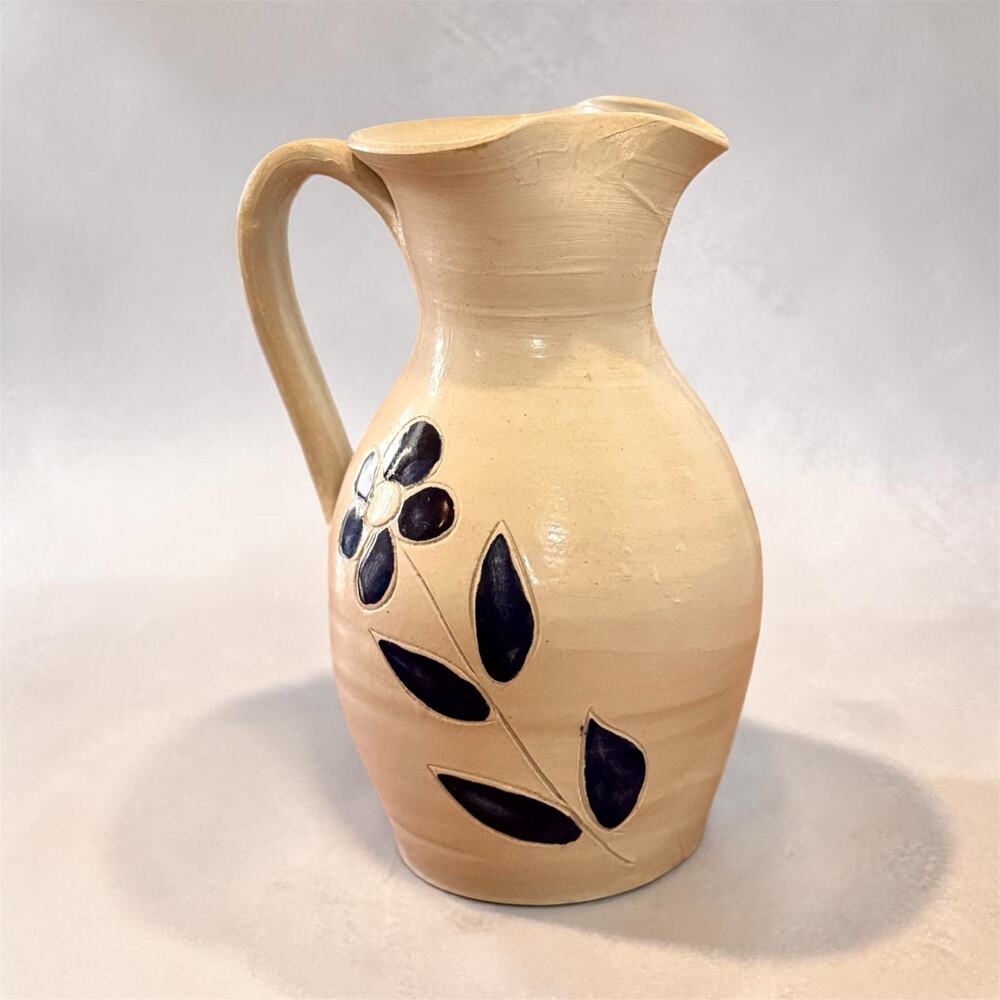 7.5" Williamsburg Pottery Pitcher, Blue Floral Design, Salt Glazed Stoneware
